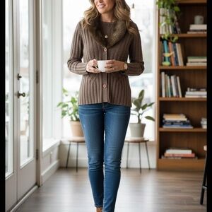 Cynthia Rowley Brown Cardigan with Faux Fur Trim 100% cashemere